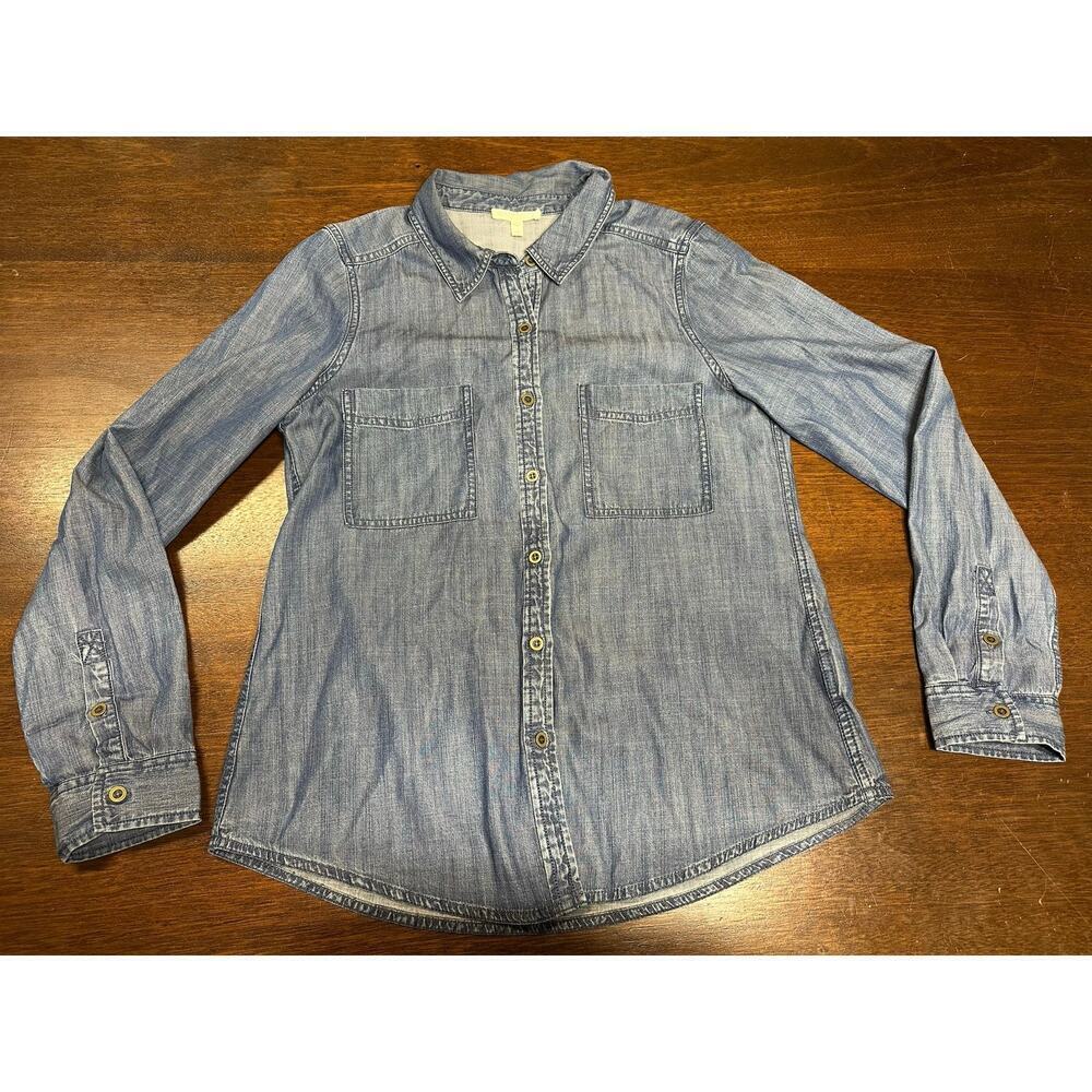 Eileen Fisher Denim Button Down Women PM Petite Medium Minimalist Western Aztec